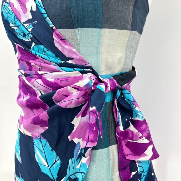 NANETTE LEPORE Floral Strapless Bustier top Womens 2 Purple Blue Silk Plaid Wrap - Picture 3 of 9